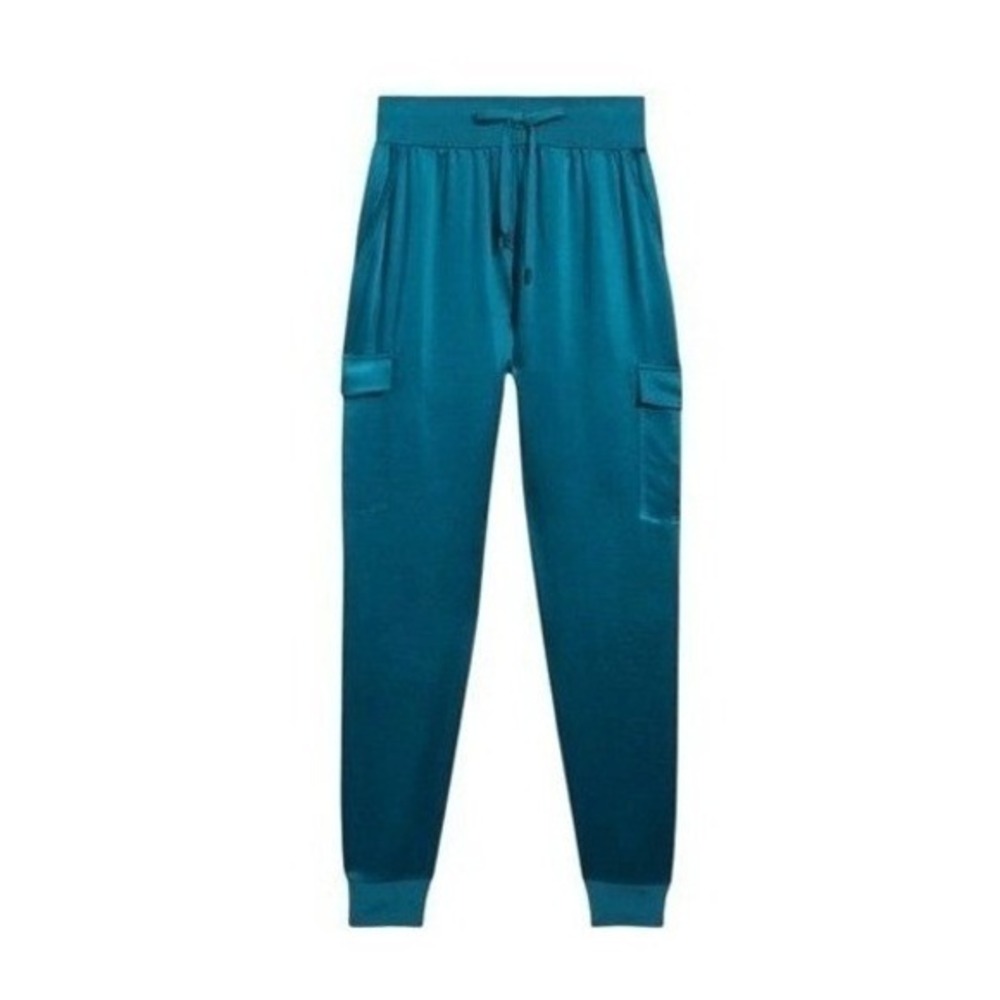 GSTQ Teal Green‎ Satin Cargo Jogger Pants Drawstring Pull-on S